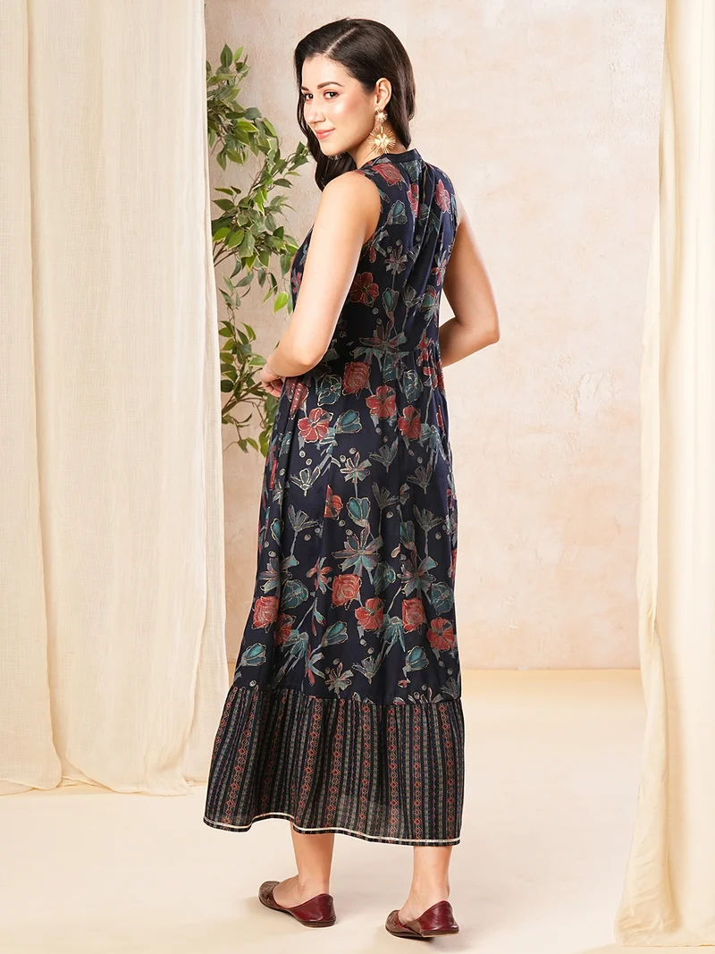 globus Women Floral Print Tie-Up Neck A-Line Maxi Dress