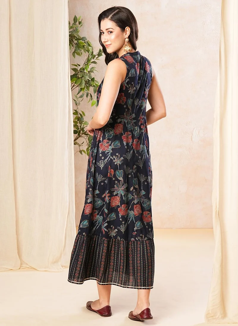 globus Globus Women Floral Print Tie-Up Neck A-Line Maxi Party Dress