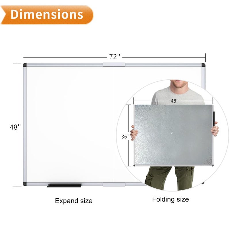 VIZ-PRO Magnetic Dry Erase Board, 72 X 48 Inches, Foldable Wall-Mounted Whiteboard with Silver Aluminum Frame & Marker Tray for School Office and Home 6' X 4' - Image 2