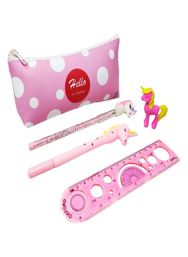 PARTEET (Pack of 5 Combo of Stationery Set Polka Dot Printed Pencil Pouch/Stationery Pouch/Pencil Case with Unicorn Pen,Unicorn Pencil,Unicorn Eraser,and Scale (Assorted) - Image 1