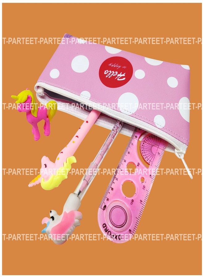 PARTEET (Pack of 5 Combo of Stationery Set Polka Dot Printed Pencil Pouch/Stationery Pouch/Pencil Case with Unicorn Pen,Unicorn Pencil,Unicorn Eraser,and Scale (Assorted) - Image 4