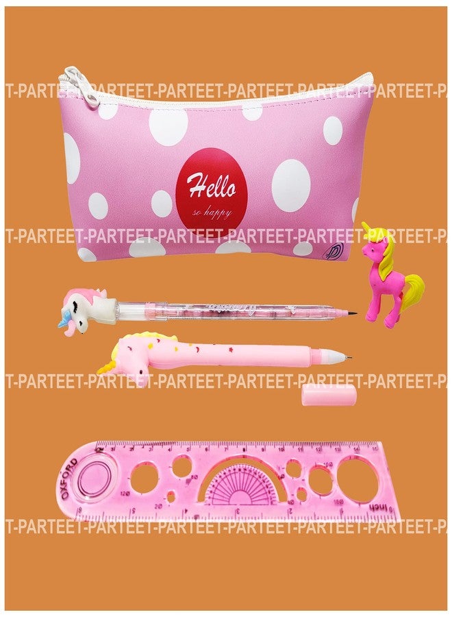 PARTEET (Pack of 5 Combo of Stationery Set Polka Dot Printed Pencil Pouch/Stationery Pouch/Pencil Case with Unicorn Pen,Unicorn Pencil,Unicorn Eraser,and Scale (Assorted) - Image 3