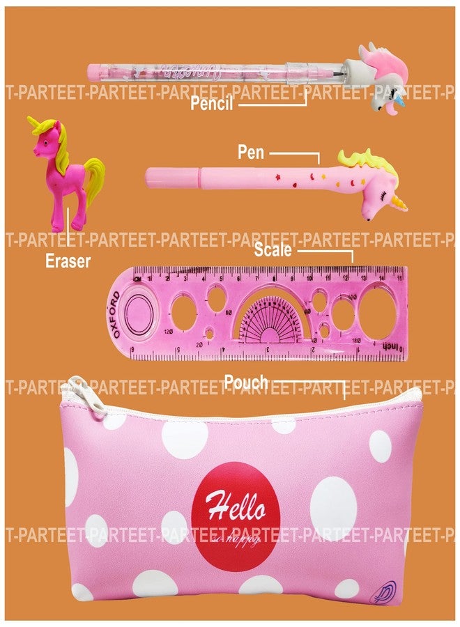 PARTEET (Pack of 5 Combo of Stationery Set Polka Dot Printed Pencil Pouch/Stationery Pouch/Pencil Case with Unicorn Pen,Unicorn Pencil,Unicorn Eraser,and Scale (Assorted) - Image 2