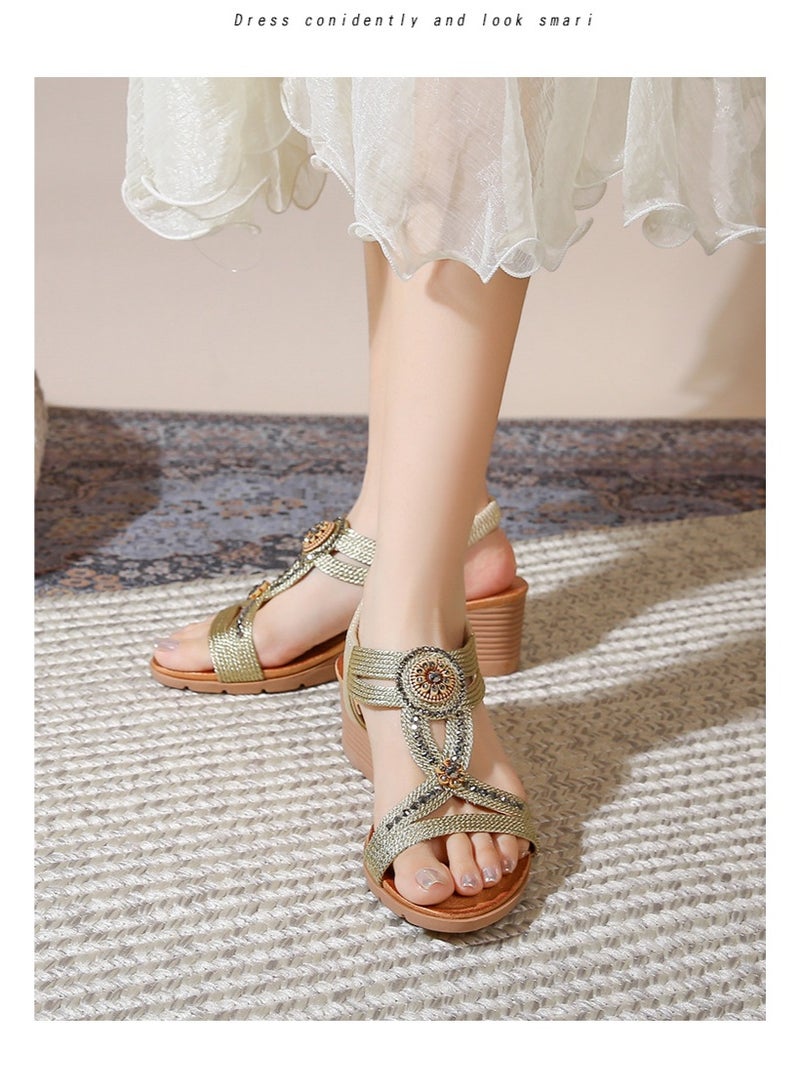 NIBEMINENT Ladies Shoes  Women Sandals Fashion  Pattern Diamond Decoration Bohemian Beach Casual Sandals  - Image 3