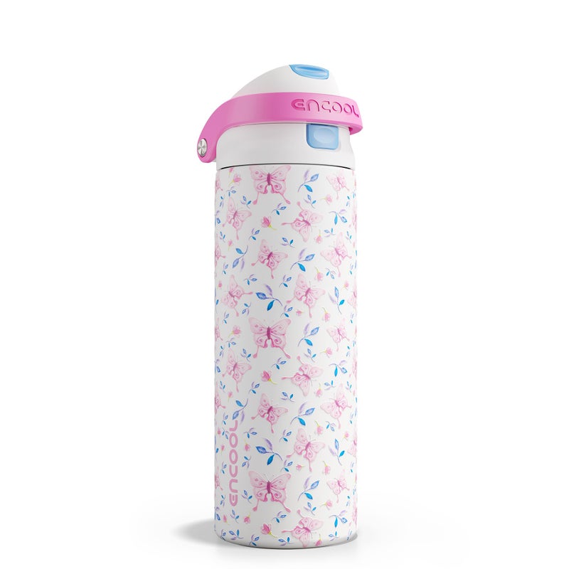 ENCOOL Leakproof Insulated Water Bottle with Straw Dual-Sip Water Bottle Bag-Safe Design for Work, Commute & Gym â€“ Keeps Drinks Cold All Day, 24 oz, Blossom Butterfly - Image 1