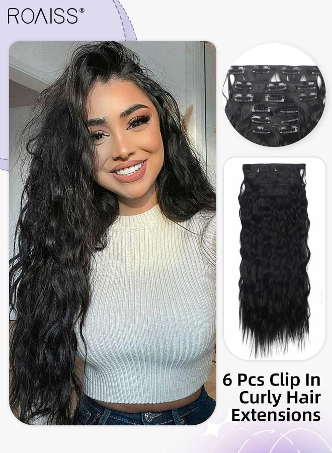 roaiss 6 Pcs Clip in Long Curly Hair Extensions, Invisible Adjustable Long Synthetic Heat Resistant Hairpieces for Women Girls, Natural Black, 60cm (23.6 inches) - Image 1