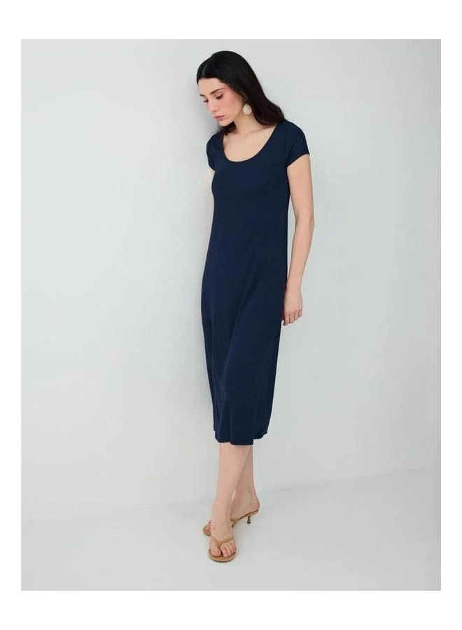 Jimmy Key Navy Blue V-Neck Short Sleeve Midi Knit Dress.