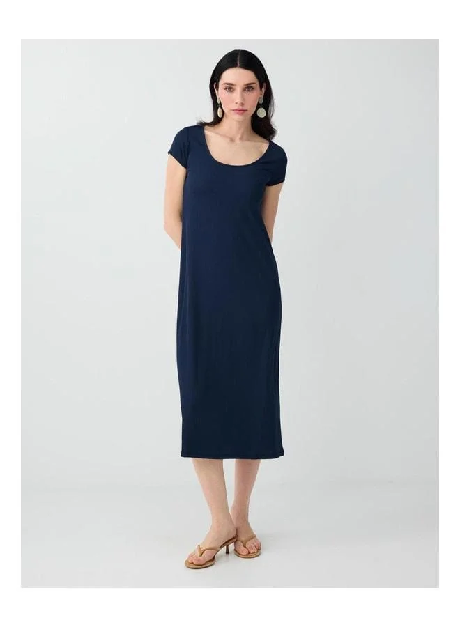 Jimmy Key Navy Blue V-Neck Short Sleeve Midi Knit Dress.