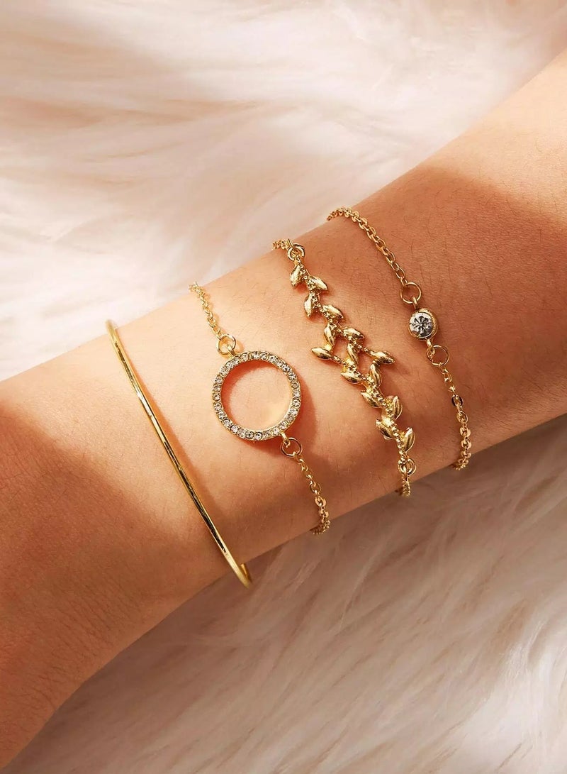 Leaf & Rhinestone Circle Detail Bracelet 4pcs  - Image 1
