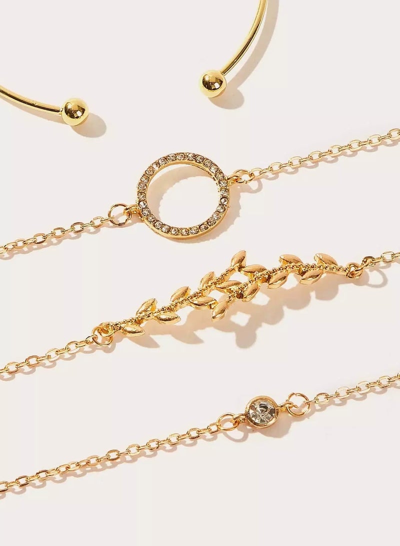 Leaf & Rhinestone Circle Detail Bracelet 4pcs  - Image 3