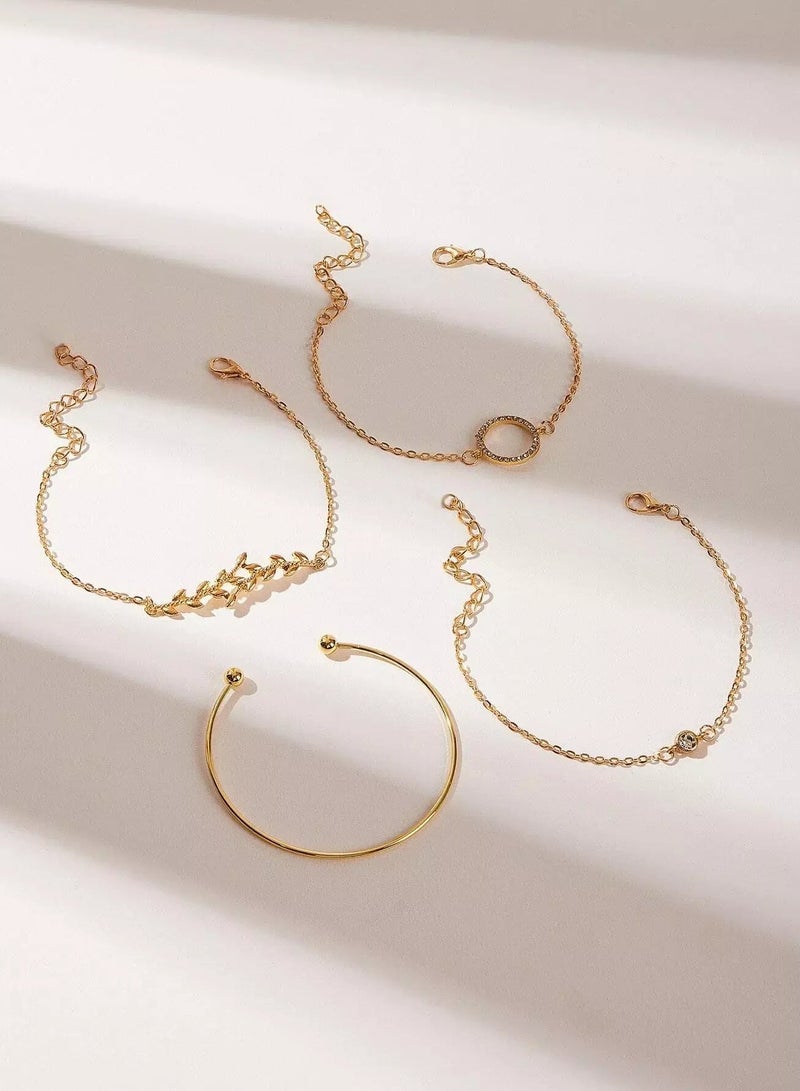 Leaf & Rhinestone Circle Detail Bracelet 4pcs  - Image 2