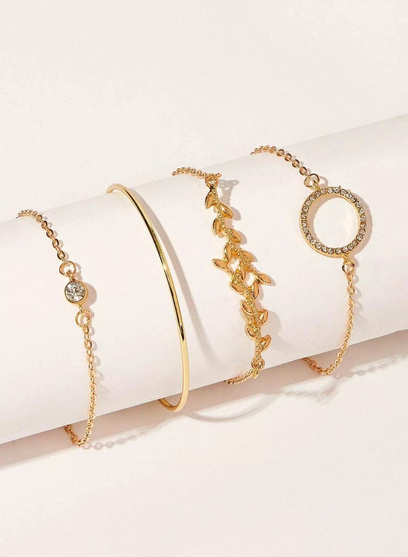 Leaf & Rhinestone Circle Detail Bracelet 4pcs  - Image 4