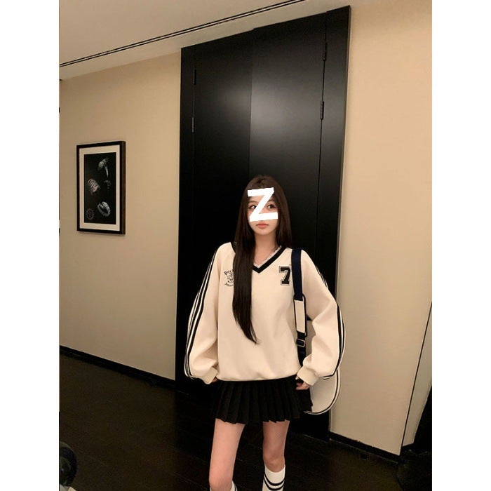 Real Shot 2024 Korean Style Jersey Style Loose Casual Sweater Womens Lace Stitching Color Contrast Striped Long Sleeve Top Favorite products will be shipped first