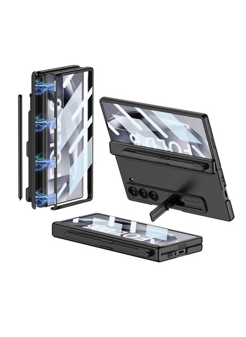 Compatible with Samsung Galaxy Z Fold 6 Phone Case with Pen Slot [Pen Not Included], Screen Protector, Built-in Kickstand and Magnetic Hinge Protection, Shockproof Protective  Case (Black)