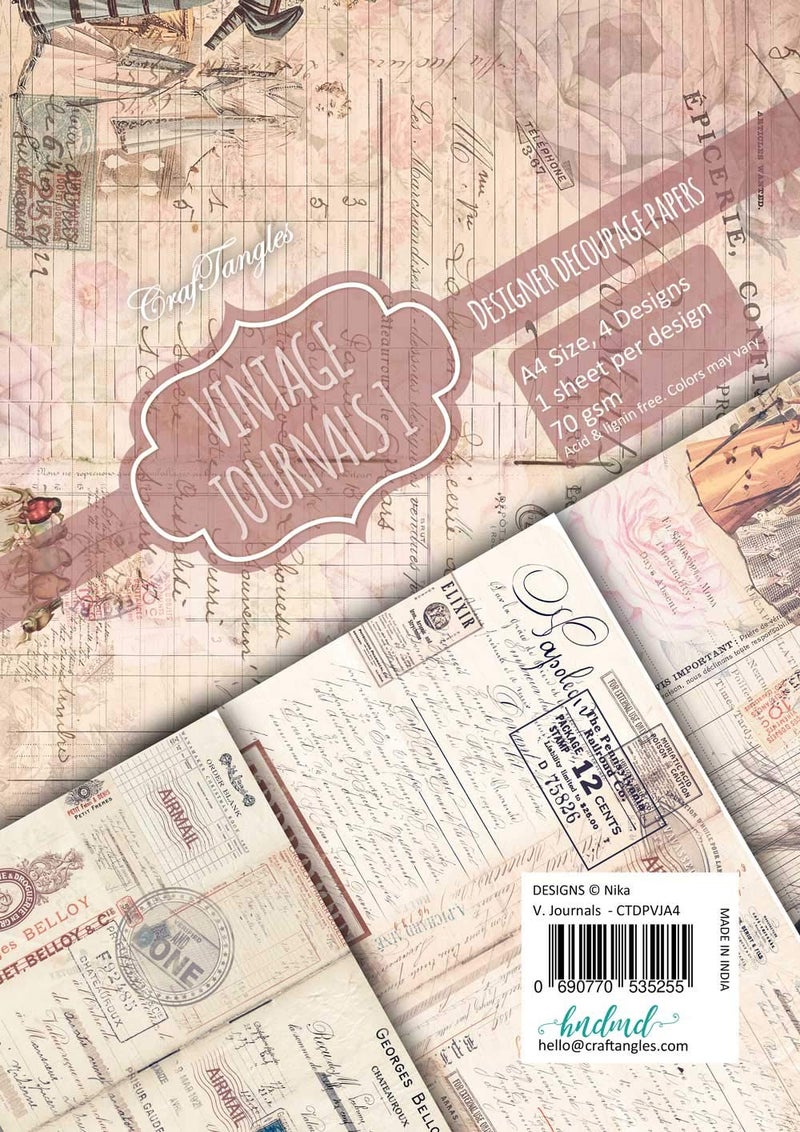 CrafTangles Decoupage Paper Pack - Vintage Journals 1 (A4) - 4 sheets - Image 3