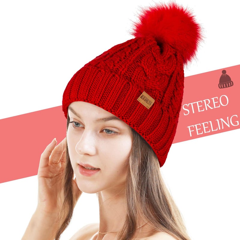 REDESS Women Winter Pompom Beanie Hat with Warm Fleece Lined, Thick Slouchy Snow Knit Skull Ski Cap - Image 1