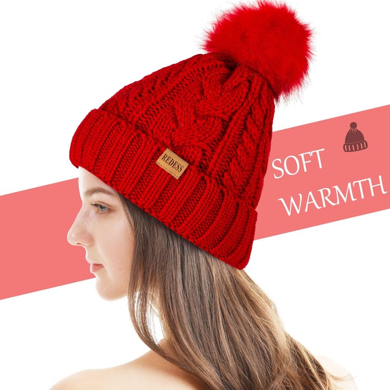 REDESS Women Winter Pompom Beanie Hat with Warm Fleece Lined, Thick Slouchy Snow Knit Skull Ski Cap - Image 2
