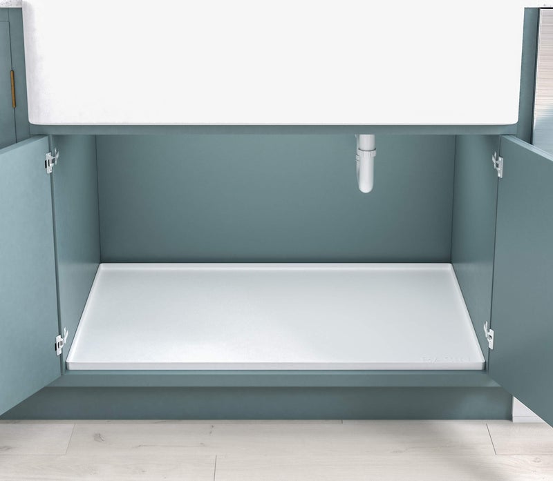 BASIN حوض - حصيرة تحت الحوض قوية التحمل - حصائر السيليكون الأصلية تحت الحوض للمطبخ مقاومة للماء - صينية تحت الحوض للمطبخ مقاومة للماء - غطاء تحت الحوض لبطانة خزائن المطبخ بيضاء 34.25x22 - Image 1