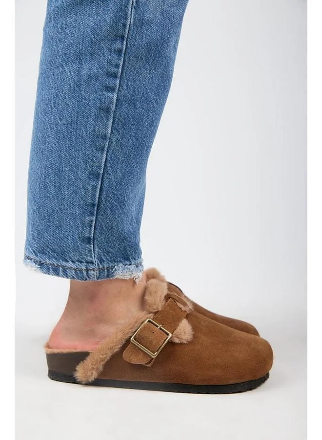 Zeta 2 Furry Women's Genuine Leather Belted Buckle Sabo Taba Slipper.