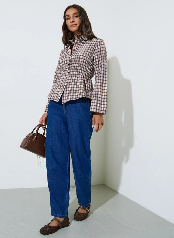 ستايلي Brown Checked Waist Long Sleeves Shirred Shirt