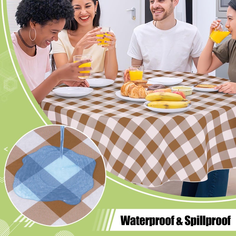 Smiry Plastic Table Cloth, Waterproof Vinyl Tablecloth with Flannel Backing, Wipeable Buffalo Plaid Table Cover for Dining, Indoor and Outdoor (Brown & White, 60" Round) - Image 2