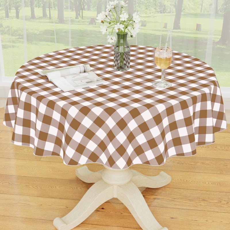 Smiry Plastic Table Cloth, Waterproof Vinyl Tablecloth with Flannel Backing, Wipeable Buffalo Plaid Table Cover for Dining, Indoor and Outdoor (Brown & White, 60" Round) - Image 1