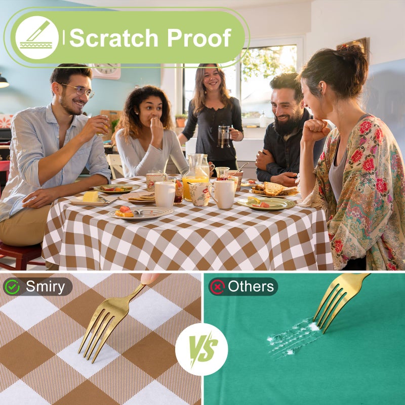 Smiry Plastic Table Cloth, Waterproof Vinyl Tablecloth with Flannel Backing, Wipeable Buffalo Plaid Table Cover for Dining, Indoor and Outdoor (Brown & White, 60" Round) - Image 5