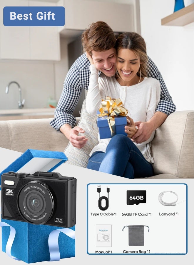 Super ZYouth Digital Camera,5K Vlogging Camera with 64GB SD Card, 75MP Point and shoot Camera, 18X Zoom, Camera for Photography and Video, kids Camera with 3'' Flip Screen，for Boys & Girls (Black) - Image 4