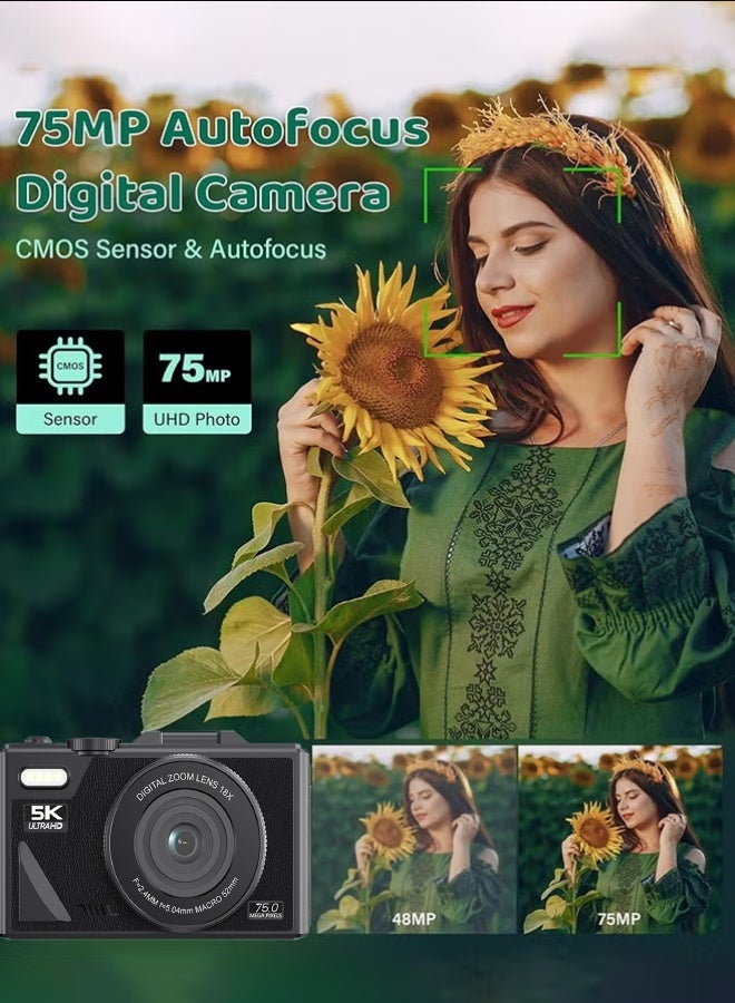 Super ZYouth Digital Camera,5K Vlogging Camera with 64GB SD Card, 75MP Point and shoot Camera, 18X Zoom, Camera for Photography and Video, kids Camera with 3'' Flip Screen，for Boys & Girls (Black) - Image 5