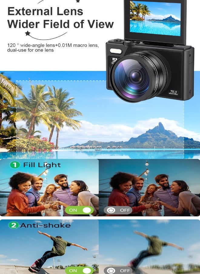 Super ZYouth Digital Camera,5K Vlogging Camera with 64GB SD Card, 75MP Point and shoot Camera, 18X Zoom, Camera for Photography and Video, kids Camera with 3'' Flip Screen，for Boys & Girls (Black) - Image 3