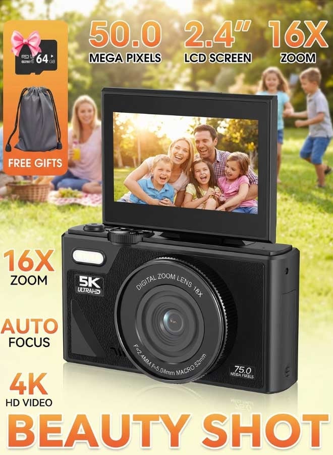 Digital Camera,5K Vlogging Camera with 64GB SD Card, 75MP Point and shoot Camera, 18X Zoom, Camera for Photography and Video, kids Camera with 3'' Flip Screen,for Boys & Girls (Black)