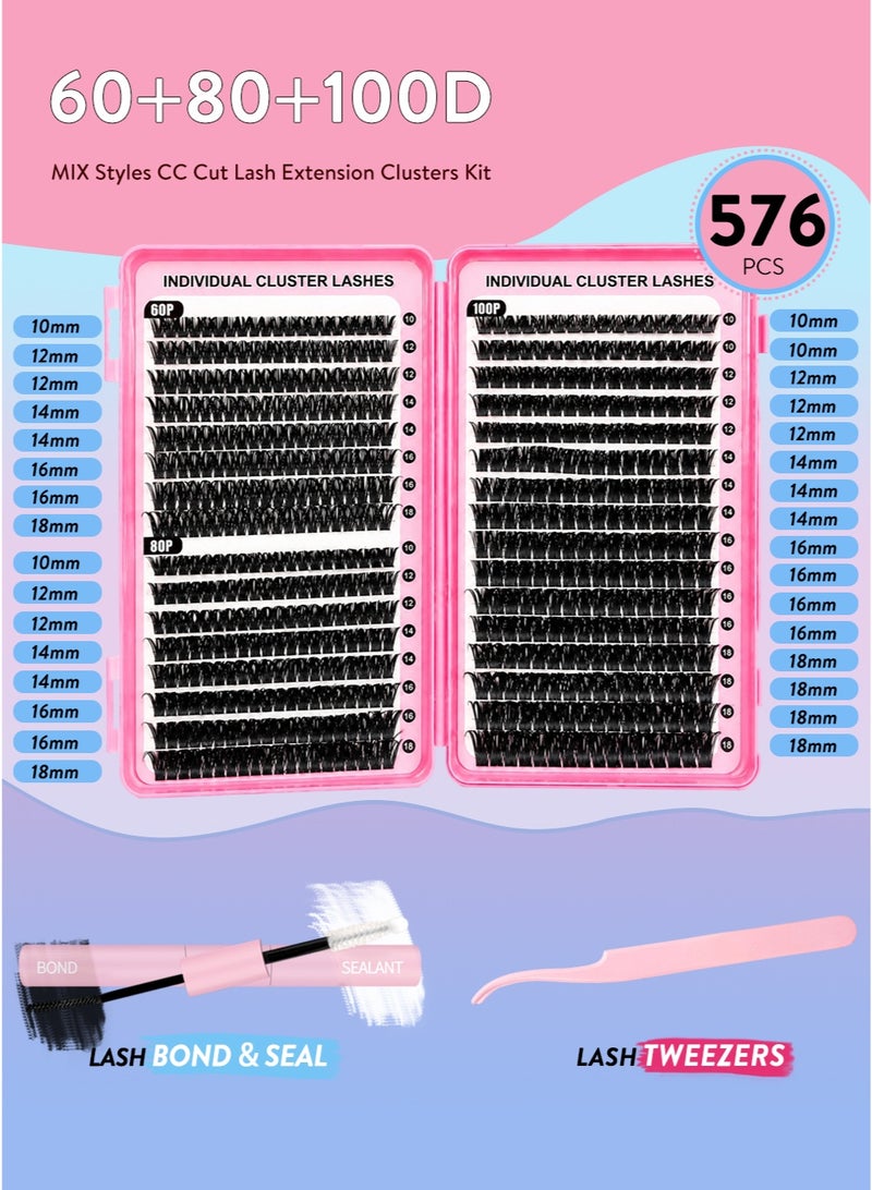 576pc DIY Lash Extension Kit: Wispy Individual Lash Clusters with Bond & Tweezer Set - At-Home False Eyelashes for Women - Image 2