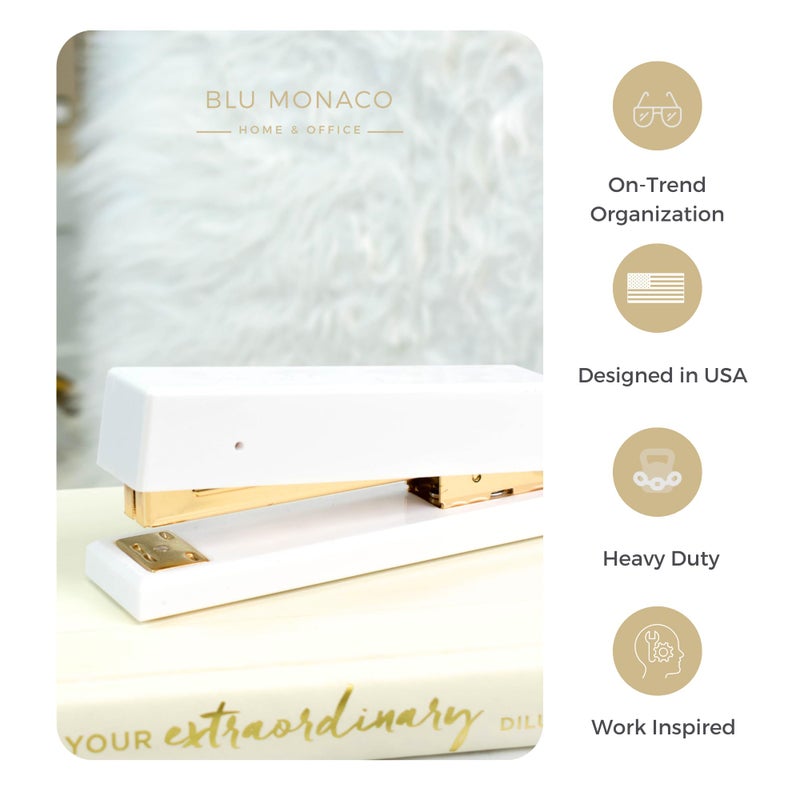 BLU MONACO | White and Gold Stapler | Chic Desktop Stapler with Smooth Metal Mechanism | Stylish Office Supply for Home, School & Work - Image 3