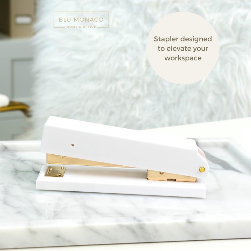 BLU MONACO | White and Gold Stapler | Chic Desktop Stapler with Smooth Metal Mechanism | Stylish Office Supply for Home, School & Work - Image 2