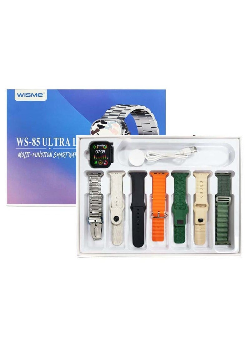 WISME Multi Functional Smart Watch with 7 set Strap and Wireless Charger For Men's and Boys Black