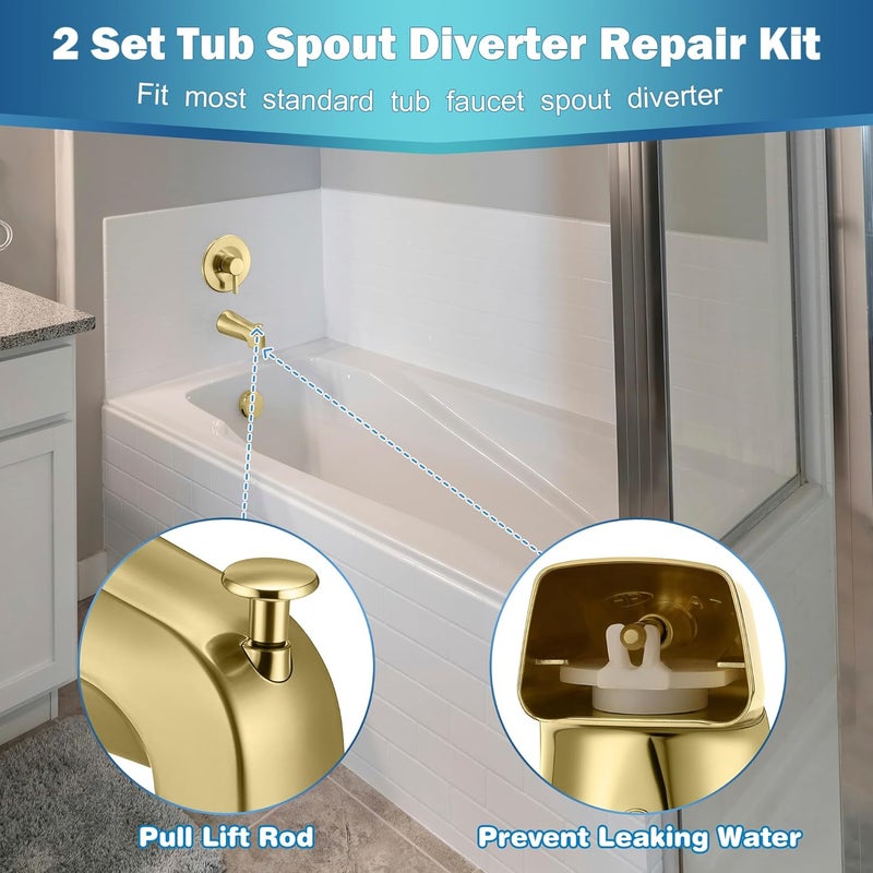 Enhon 2 Set Tub Spout Diverter Repair Kit, Includes 2 x Diverter Valve Stems, 2 x Cup Seals and Gates, Bathroom Shower Bathtub Leaky Faucet Repair Replacement Parts (Polished Brass,Classic) - Image 3