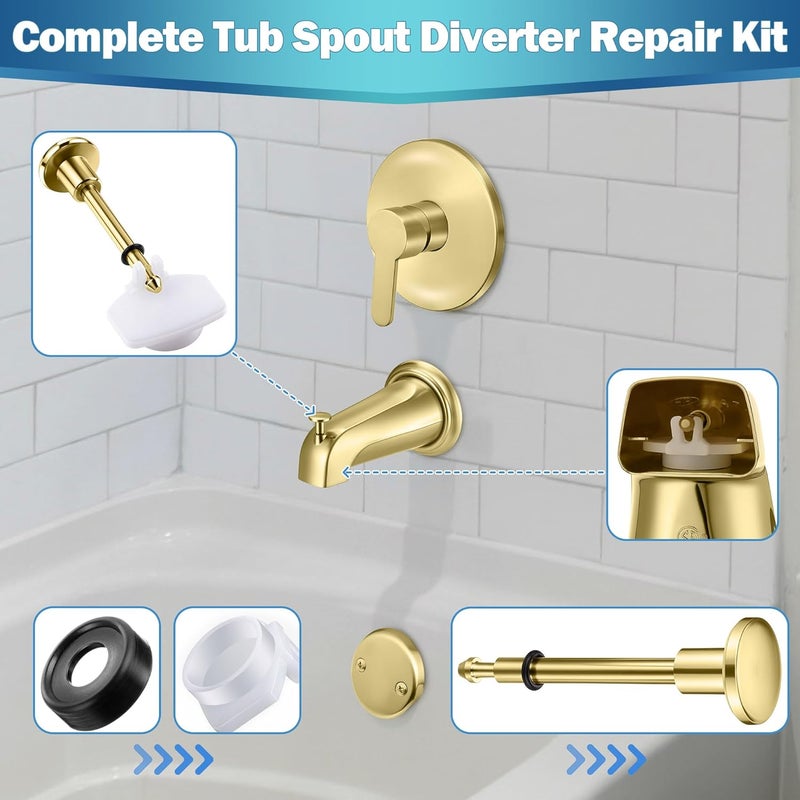 Enhon 2 Set Tub Spout Diverter Repair Kit, Includes 2 x Diverter Valve Stems, 2 x Cup Seals and Gates, Bathroom Shower Bathtub Leaky Faucet Repair Replacement Parts (Polished Brass,Classic) - Image 2