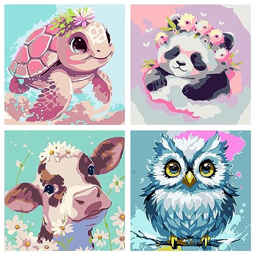 FQOVKYN 4 Pack Paint by Number for Kids Cute Animals Paint by Numbers Kit for Adults Beginner Easy Acrylic Watercolor Paint by Numbers Canvas Arts and Crafts for Wall Decor 8 8in - Image 1
