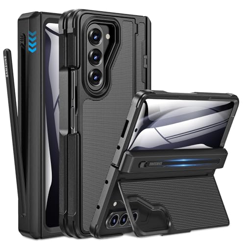 Caka for Samsung Galaxy Z Fold 5 Case Thinner S Pen Holder Hidden Kickstand Hinge Protection Screen Protector Full Body Hard Shockproof Phone Cover with AntiSlip Textured for Fold5 Black - Image 1