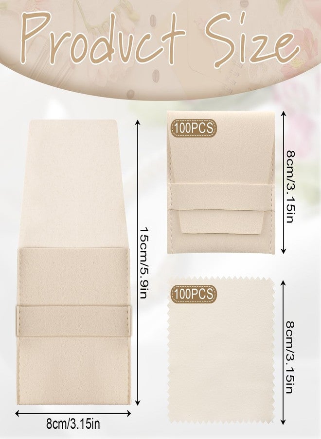 Exclaith 100 Pcs Microfiber Jewelry Pouch 8x8cm Luxury Small Jewelry Gift Bag with Cleaning Cloth Small Jewelrys Pouch for Bracelet Necklace Packaging, Envelope Style with Fixed Strap and Divider, Beige - Image 2