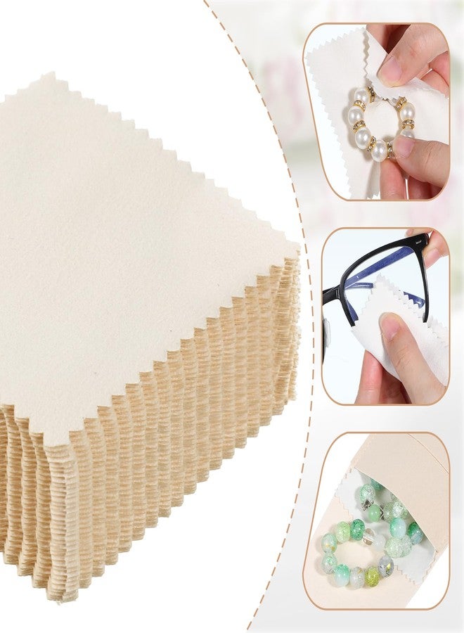 Exclaith 100 Pcs Microfiber Jewelry Pouch 8x8cm Luxury Small Jewelry Gift Bag with Cleaning Cloth Small Jewelrys Pouch for Bracelet Necklace Packaging, Envelope Style with Fixed Strap and Divider, Beige - Image 4