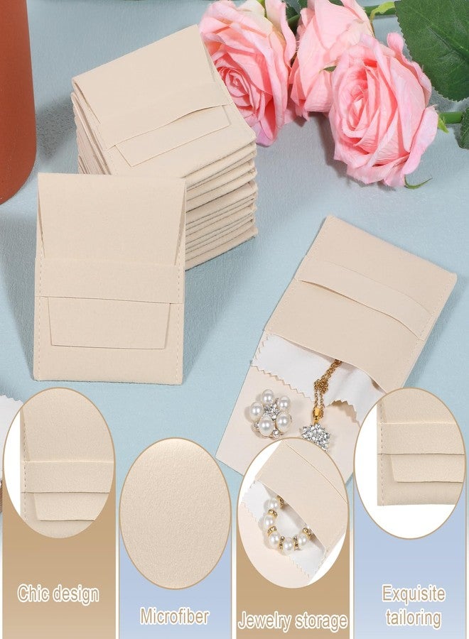 Exclaith 100 Pcs Microfiber Jewelry Pouch 8x8cm Luxury Small Jewelry Gift Bag with Cleaning Cloth Small Jewelrys Pouch for Bracelet Necklace Packaging, Envelope Style with Fixed Strap and Divider, Beige - Image 3