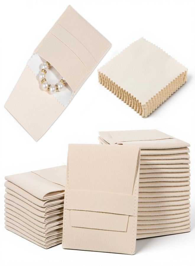 Exclaith 100 Pcs Microfiber Jewelry Pouch 8x8cm Luxury Small Jewelry Gift Bag with Cleaning Cloth Small Jewelrys Pouch for Bracelet Necklace Packaging, Envelope Style with Fixed Strap and Divider, Beige - Image 1