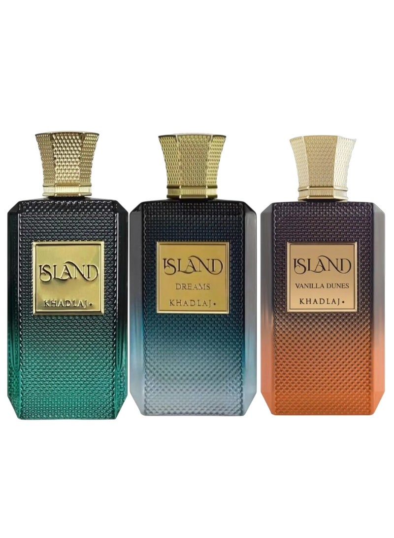 خدلج مجموعة عطور آيلاند من خدلج - طقم 3 قطع (آيلاند دريمز + آيلاند + آيلاند فانيلا ديونز) - اكسترايت بارفيوم - 100 مل لكل عطر - Image 1