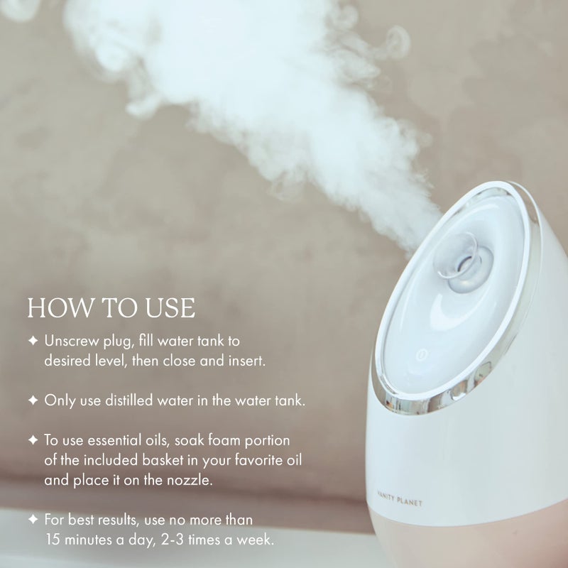 Vanity Planet Aira Ionic Facial Steamer (Beige) - Pore Cleaner That Detoxifies, Cleanses and Moisturizes - Adjustable Nozzle, Water Tank with 3 Essential Oil Baskets - Image 4