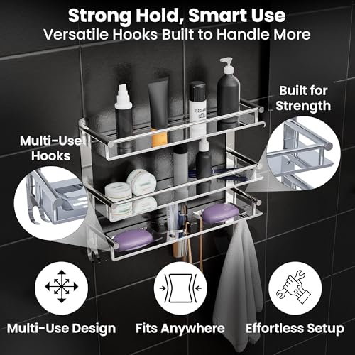 Well Set Multipurpose Hardware Tools Bathroom & Double Dish&Tumbler&Soap&Tooth Brush Holder/Towel Holder Stainless Steel Wall Shelf, Silver - Image 4