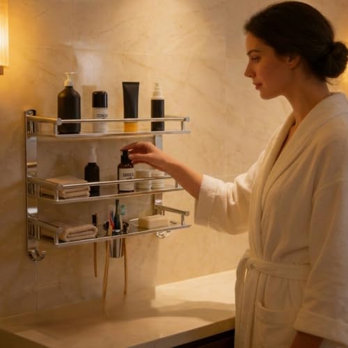 Well Set Multipurpose Hardware Tools Bathroom & Double Dish&Tumbler&Soap&Tooth Brush Holder/Towel Holder Stainless Steel Wall Shelf, Silver - Image 2