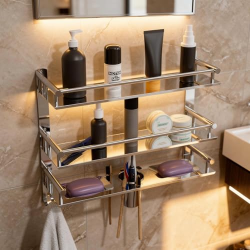 Well Set Multipurpose Hardware Tools Bathroom & Double Dish&Tumbler&Soap&Tooth Brush Holder/Towel Holder Stainless Steel Wall Shelf, Silver - Image 1