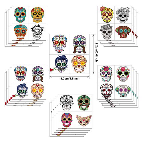 Konsait Day of the Dead Sugar Skull Tattoos(100Counts),Konsait Halloween Temporary Face Tattoos Sugar Skull Puppy Black Skeleton Web Red Roses Tattoo for kids Boys Girls Mexican Halloween Party Favor Supplies - Image 2