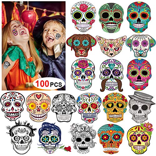 Konsait Day of the Dead Sugar Skull Tattoos(100Counts),Konsait Halloween Temporary Face Tattoos Sugar Skull Puppy Black Skeleton Web Red Roses Tattoo for kids Boys Girls Mexican Halloween Party Favor Supplies - Image 1